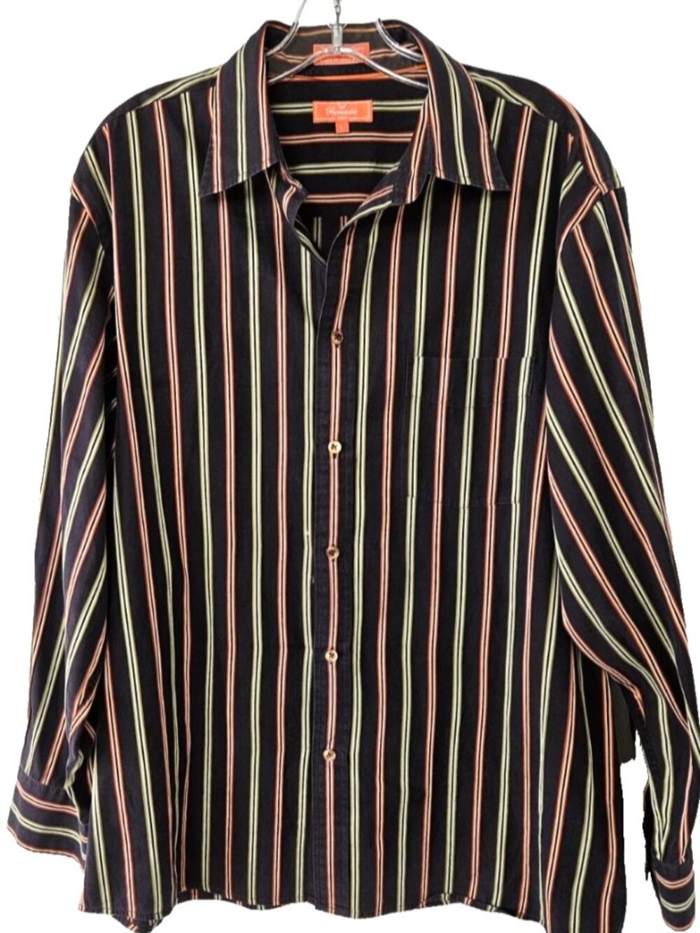 Faconnable Shirt Men's Size L Black Orange Green Stripe Button Down Long Sleeve